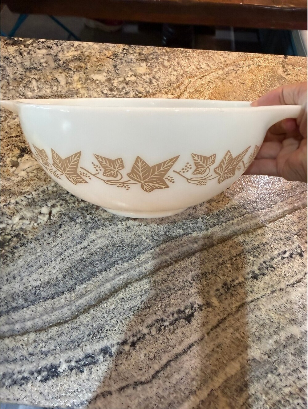 Vintage Pyrex White Mixing Bowl with Brown Leaf Pattern